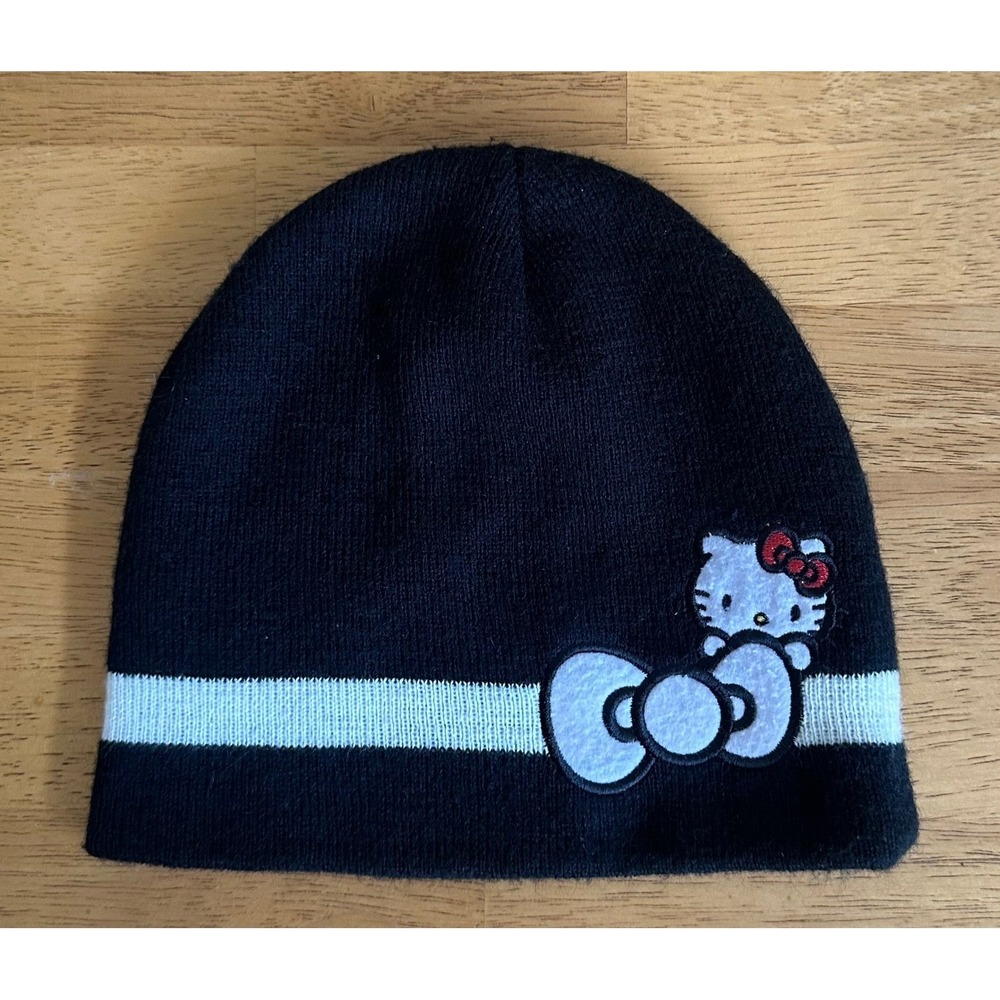 Hello Kitty Sanrio Black White Striped Beanie Hat Embroidered Red Bow OSFM 2010